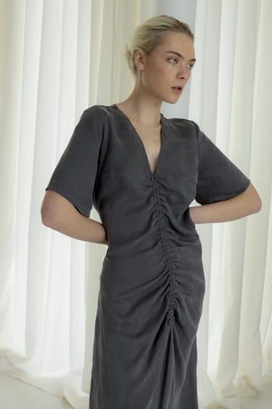 CUPRO DRESS WITH RUFFLE DETAIL