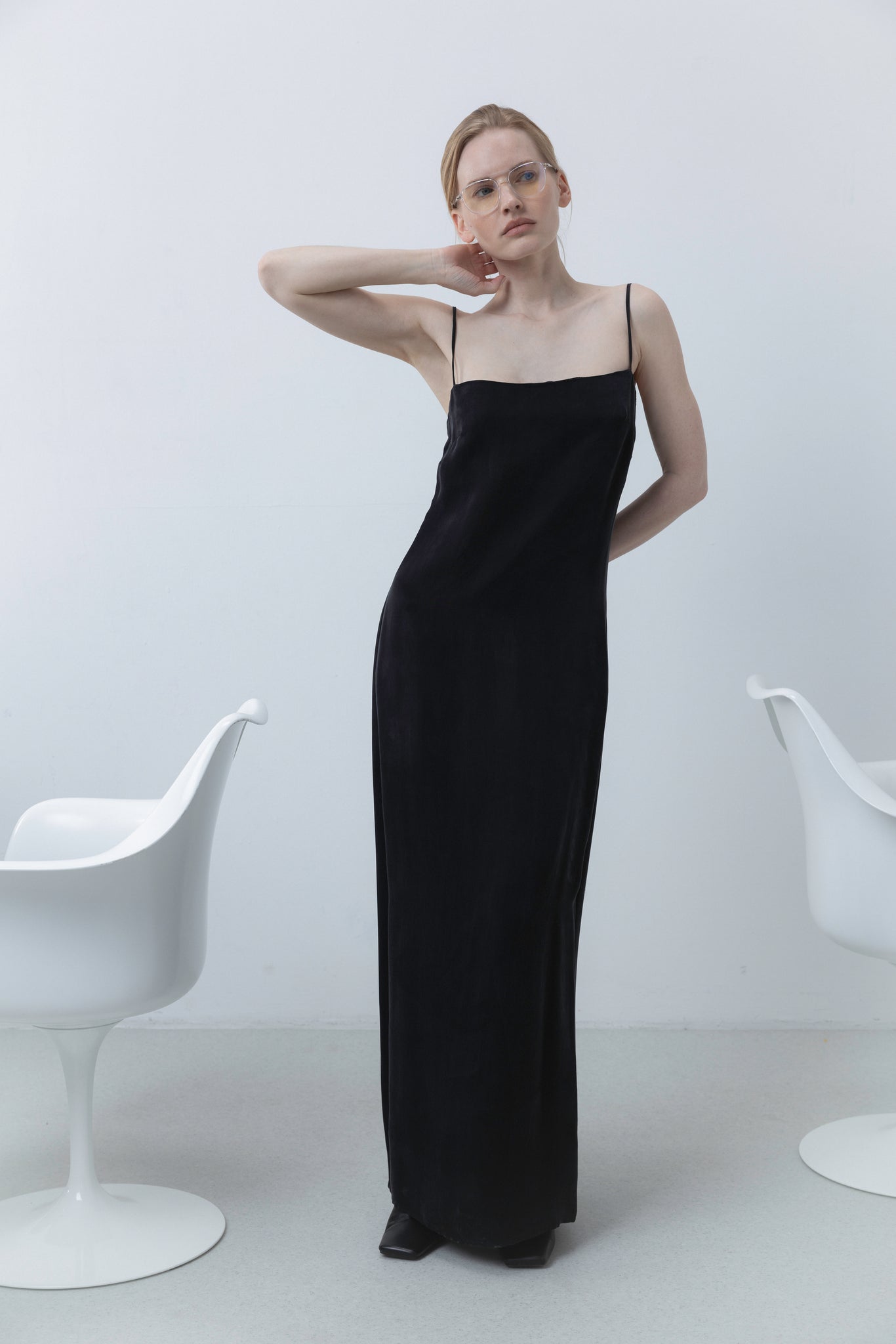 LONG MINIMAL SLIP DRESS IN BLACK