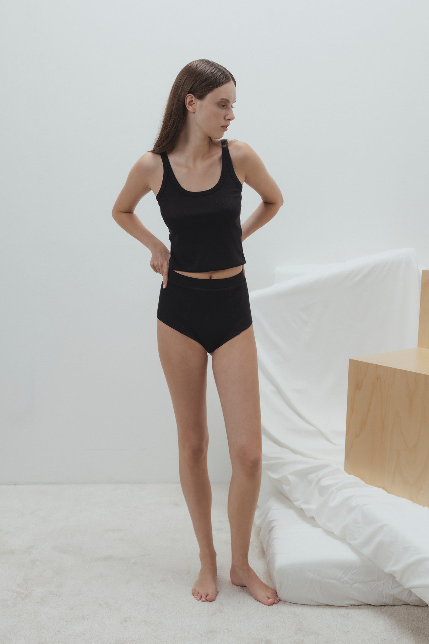 RIBBED BAMBOO HIGH WAISTED PANTIES IN BLACK