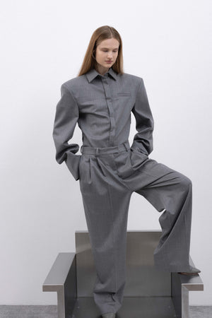 PLEATED WIDE STRAIGHT TROUSERS IN MELANGE GREY