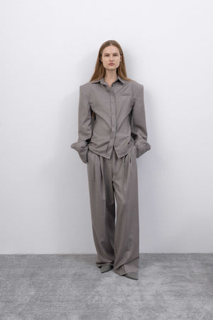 PLEATED WIDE STRAIGHT TROUSERS IN MELANGE TAUPE