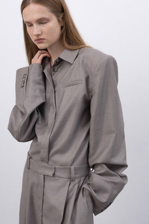 PLEATED WIDE STRAIGHT TROUSERS IN MELANGE TAUPE