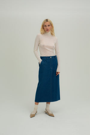 LONG DENIM SKIRT IN DARK BLUE