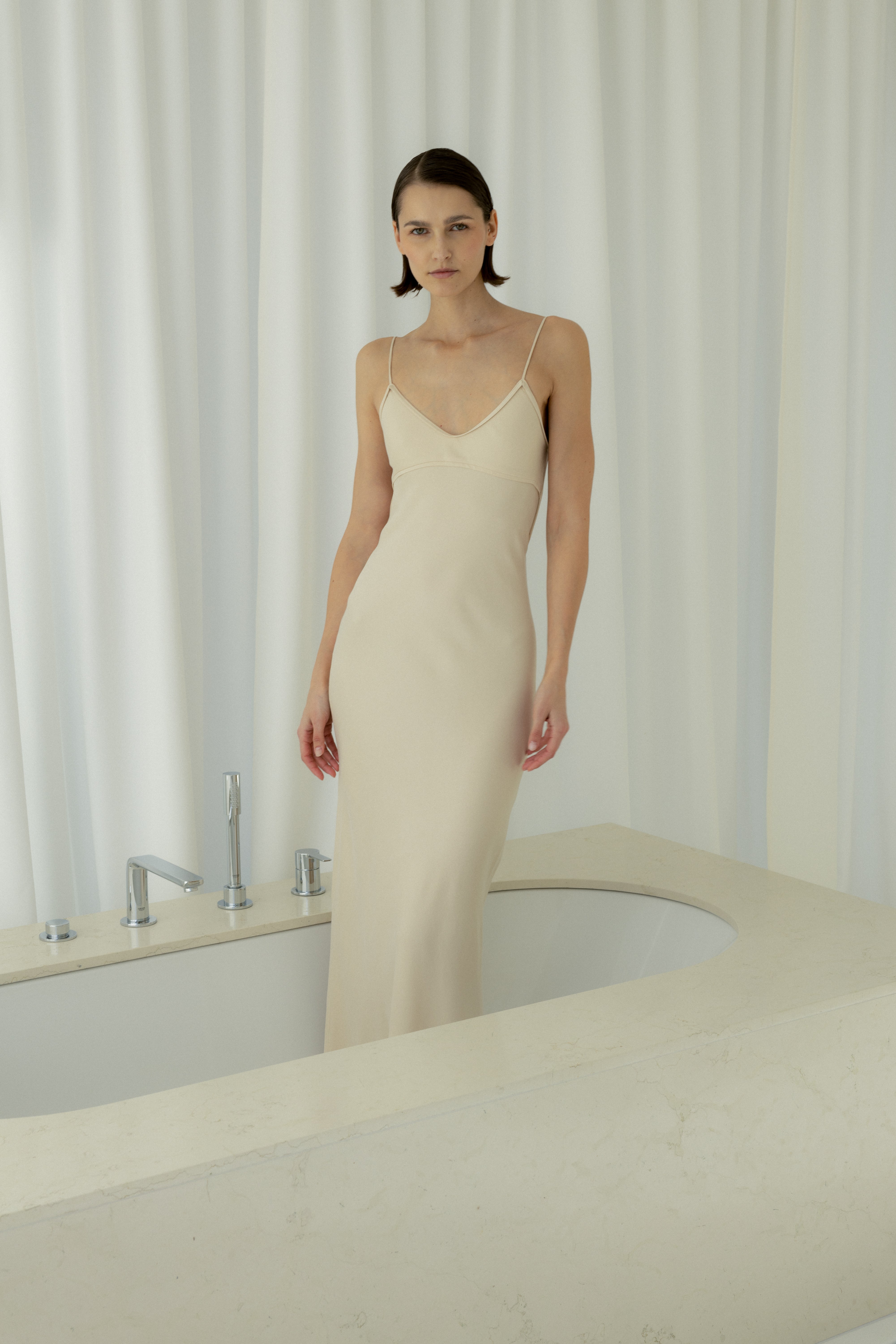 LONG BACKLESS SLIP DRESS IN CREAM www.flowfemme.com LONG BACKLESS SLIP DRESS IN CREAM www.flowfemme.com